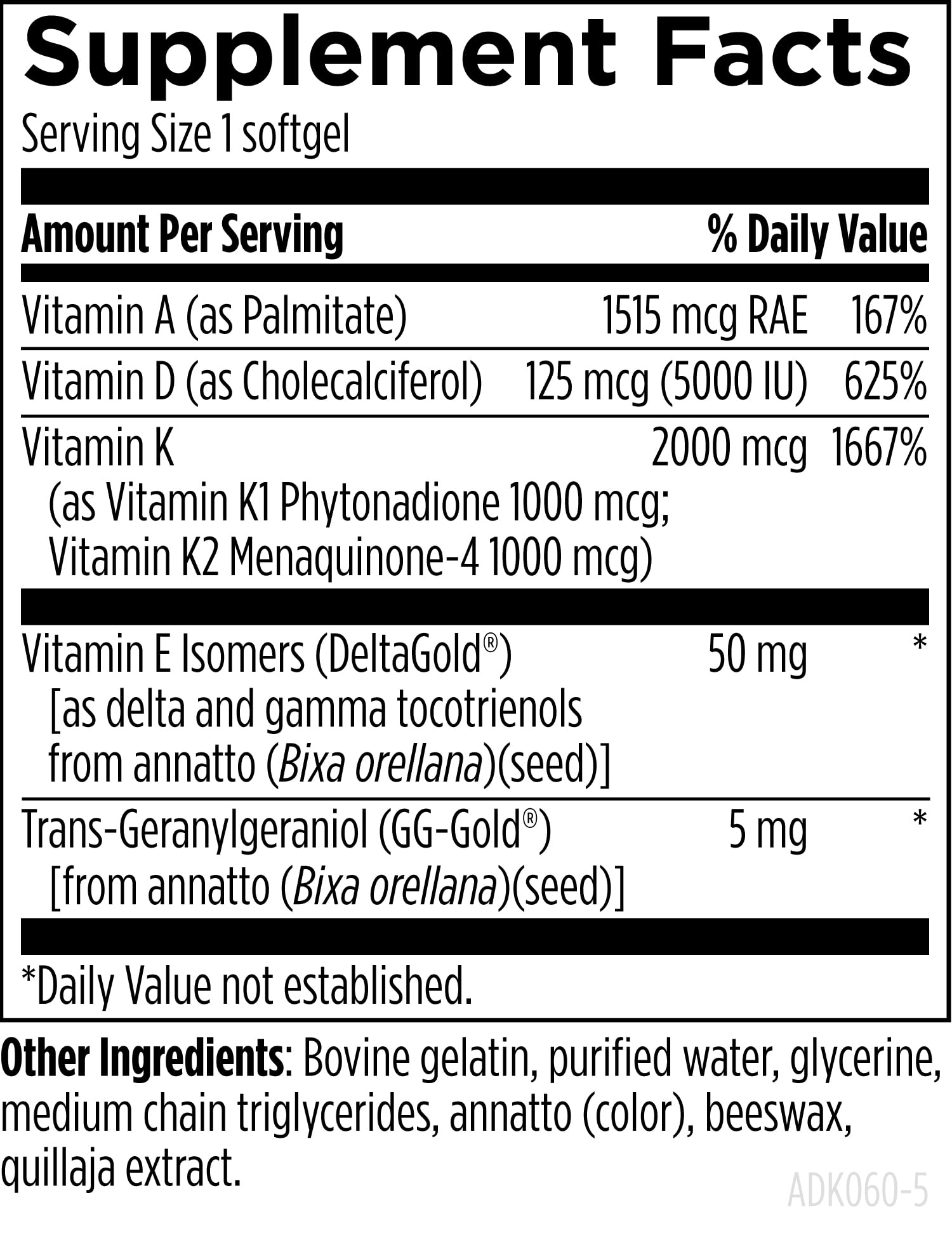 Designs for Health ADK Evail - 5000 IU VIT D3 with Vitamins A, E (Annatto Gamma Delta Tocotrienols), K (K1 + K2) - Fat Soluble Vitamin D Complex - Bone + Immune Support - Non-GMO (60 Softgels) - Image 5